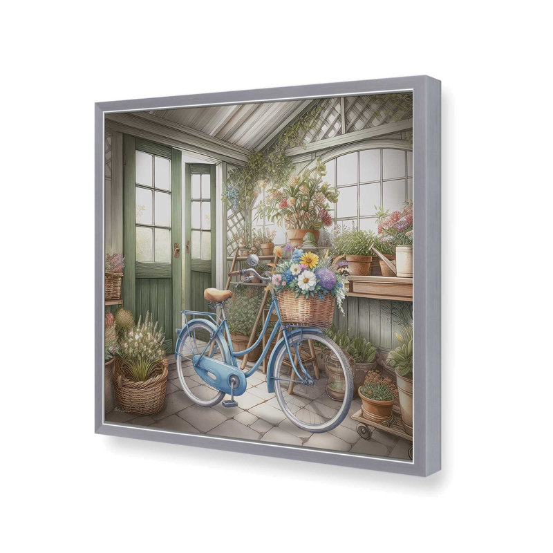 «In the Garden Floral Bike» par Nicole DeCamp, reproduction d'art, Argent, L 20 po x H 20 po, Impression encadrée