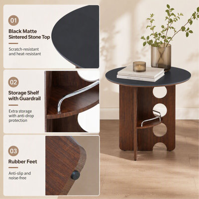Table de salle à manger ronde en pierre frittée de style médiéval avec compartiments de rangement et pieds en MDF. Parfait pour une salle à manger familiale de 2 à 4 personnes. Plateau double.