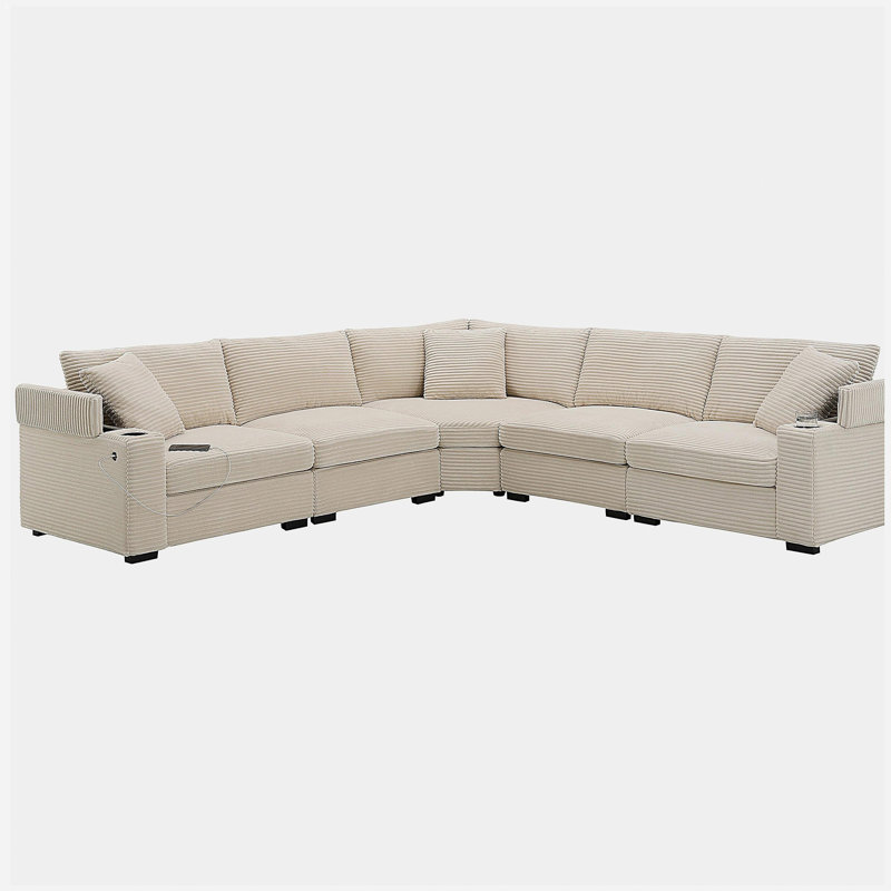 Canapé convertible en forme de L de 106 pouces, canapé d'angle en tweed brut avec espace de rangement pour les accoudoirs, porte-gobelet, chargeur USB, coin irrégulier, canapé modulaire ultra-confortable, convient au salon, appartement, 2 couleurs