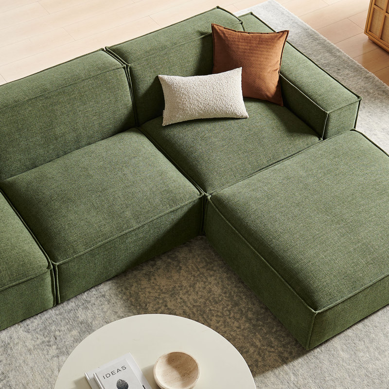 Arielle 4-Piece Performance Fabric Upholstered Modular Sofa Set With Ottoman In Foliage, Foliage