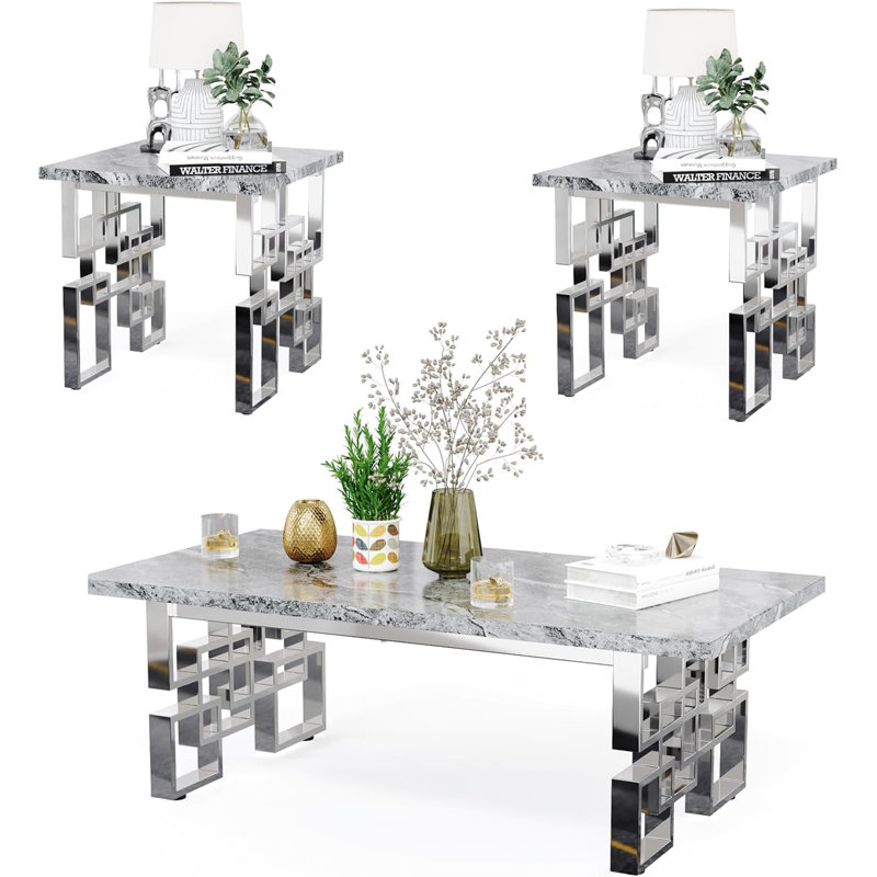 3 Piece Grey And Silver Living Room Table Set