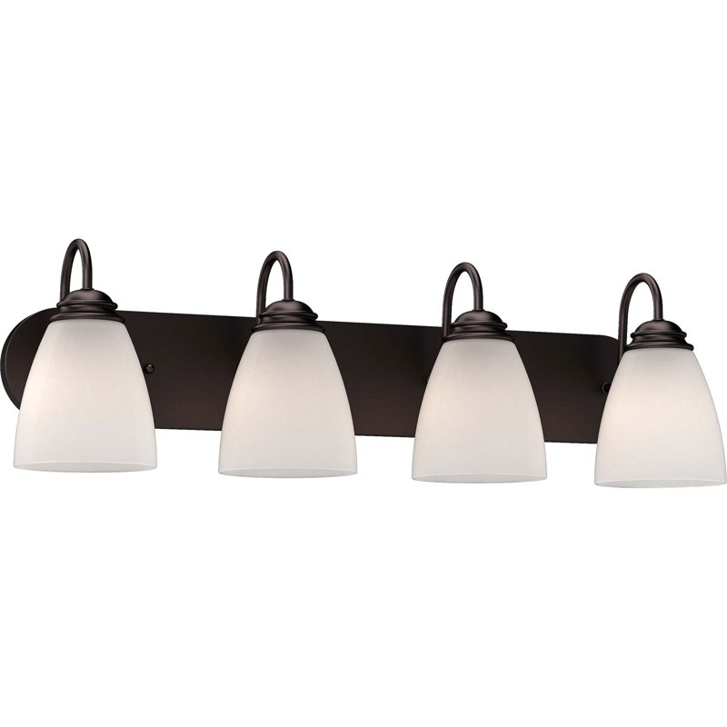 Mari 4-Light Indoor Antique Bronze Bath or Vanity Light Bar or Wall Mount with White Frosted Glass Bell Shades