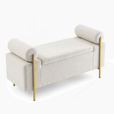 Upholstered Linen Storage Bench With Cylindrical Arms And Iron Legs
