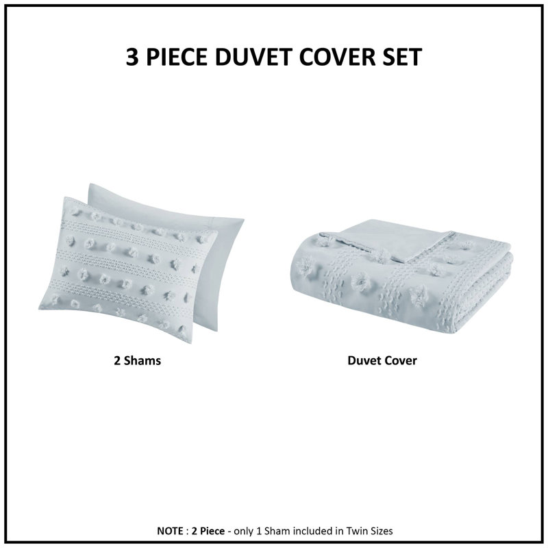 Blue Clip Jacquard Twin/Twin XL Duvet Cover Set with Pompom Accents
