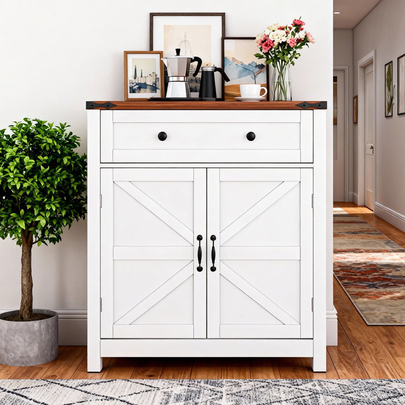 Buffet Farmhouse Kitchen avec portes de grange, tablettes réglables et plateau en noyer