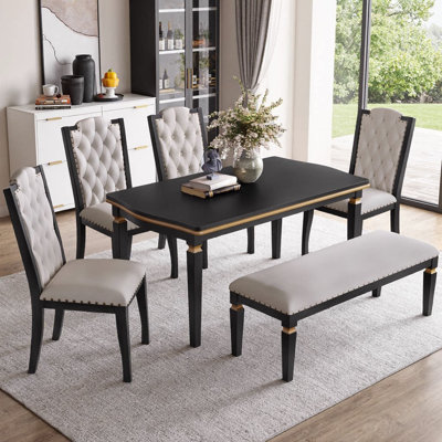 Aura 6-Piece Kitchen Dining Set with 60" Rectangular Table, 4 High-Back Tufted Chairs & Bench, Upholstered Seating for Dining Room & Kitchen