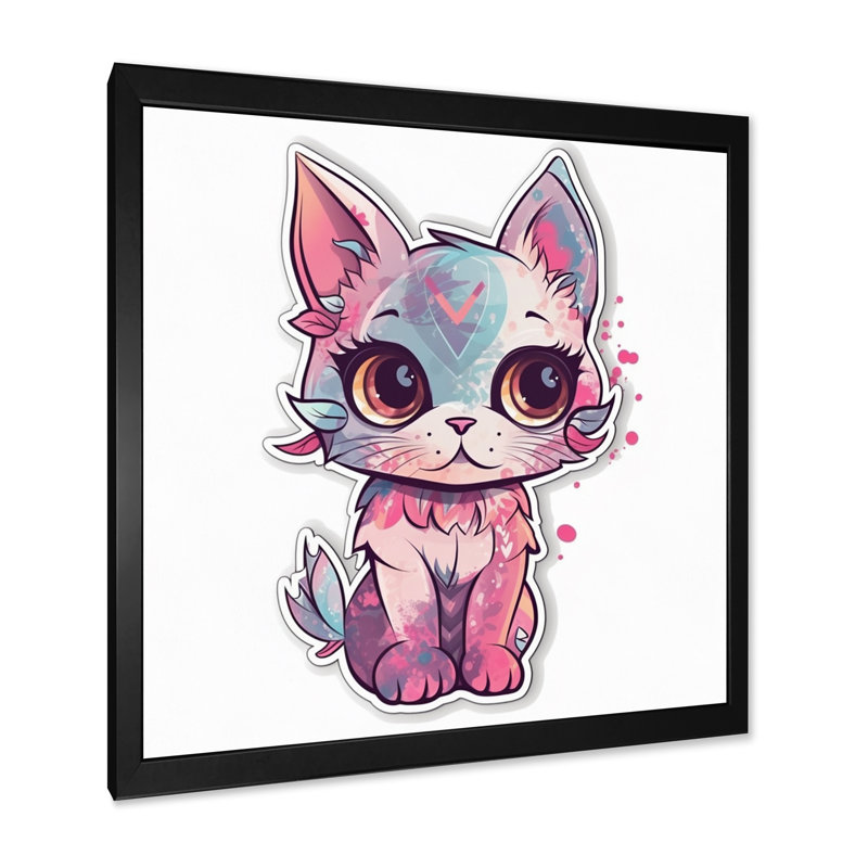 Illustration d'un chat chaton rose sur toile, Cadre simple noir, H 24 po x l 24 po x P 1 po