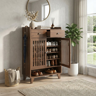 Range-chaussures à 5 niveaux avec tiroirs et tablettes réglables, range-chaussures en bois pour 20 paires