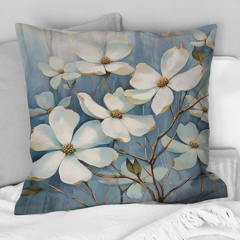 Coussin décoratif à imprimé floral blanc et gris Dogwood Elegance II