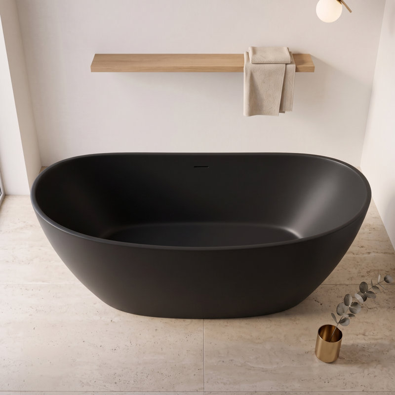 65 Inch Oval Black Freestanding Bathtub Solid Surface Matte Finish