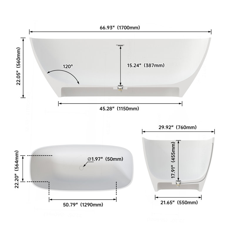 Baignoire profonde de 67 po à surface solide de qualité supérieure