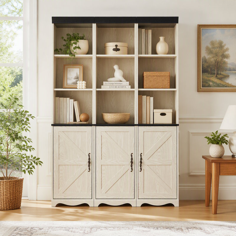 Armoire de rangement combinée 3 en 1 Farmhouse, bibliothèque en panneau de fibres à densité moyenne à grain de bois 3D, casiers de présentation ouverts et armoires fermées avec tablette réglable, bibliothèque librement combinable pour le bureau d'étude du salon