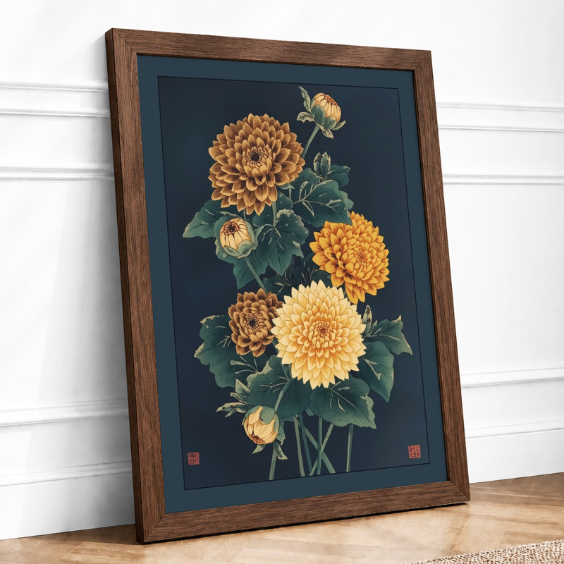 Chrysanthemum Study Botanical - Framed Print, A3 - 42.0 x 29.7 cm, Walnut