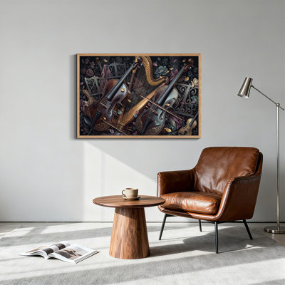 Art mural sur toile en bois foncé violoncelle et harpe dorée avec fleurs