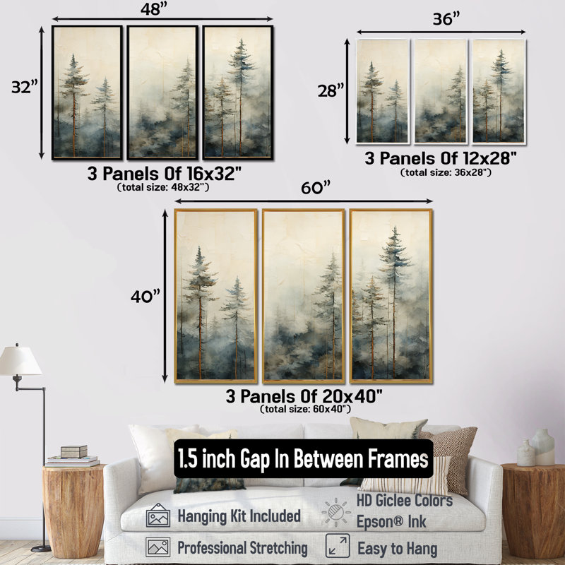 Forêt d'art de pin Minimalisme, Cadre flottant noir, H 32 po x l 48 po x P 1 po