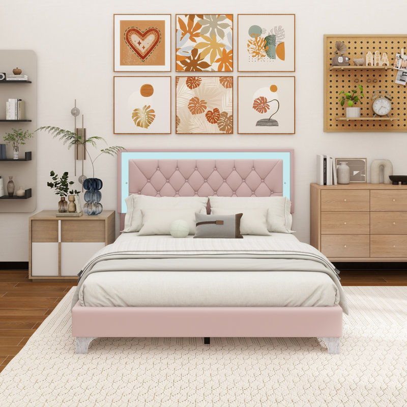 Structure de lit tapissier avec lumières DEL, lit plateforme moderne en velours avec tête de lit capitonnée,, Grand, Rose