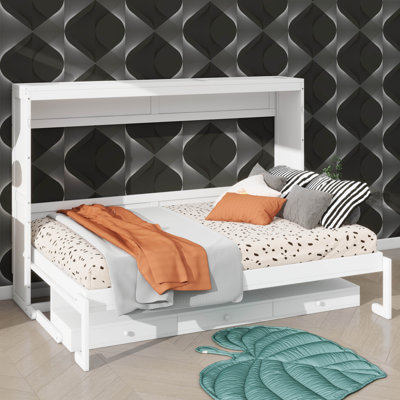 Grand lit escamotable mural avec rangement, armoire pliable avec coiffeuse, miroir central et tiroirs latéraux doubles