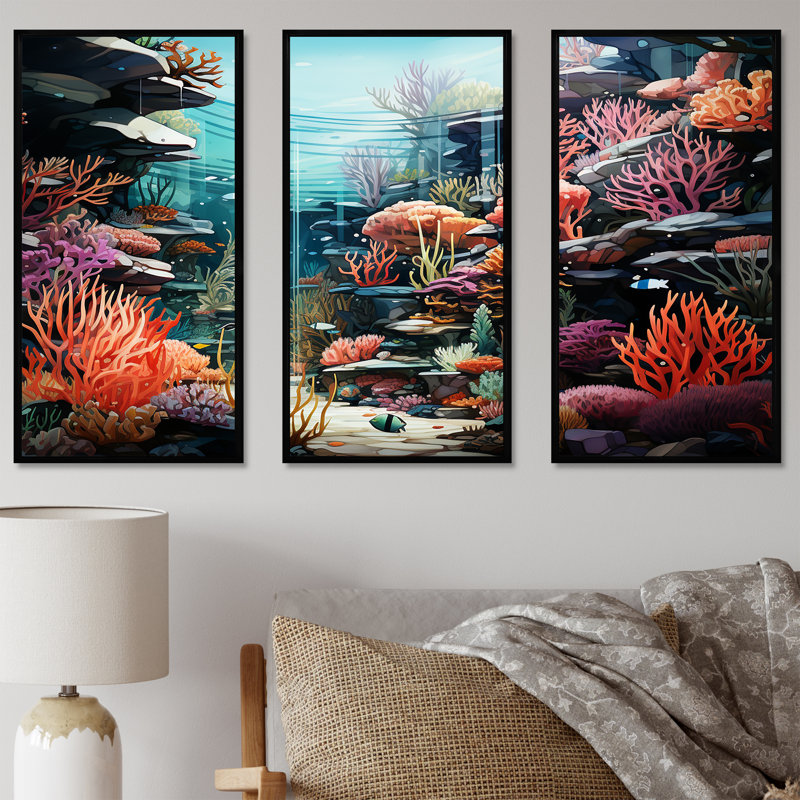 «Life in Coral Reef Paradise II» - art mural bord de mer tropical, H 28 po x l 36 po x P 1 po, Cadre flottant noir