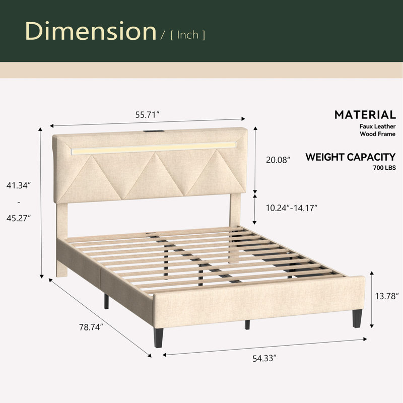 Structure de lit avec tête de lit, structure de lit tapissier avec station de charge et lumières DEL, sommier avec support en lattes de bois, aucun sommier requis, silencieux, assemblage facile