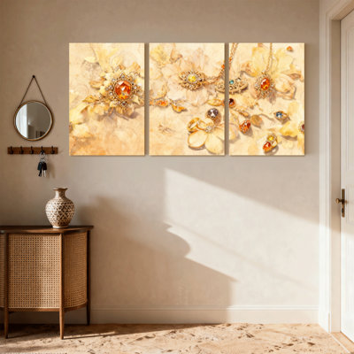 Fashion Golden Flowers With Jewels And Pearls Set of 3 Canvas Wall Art Prints