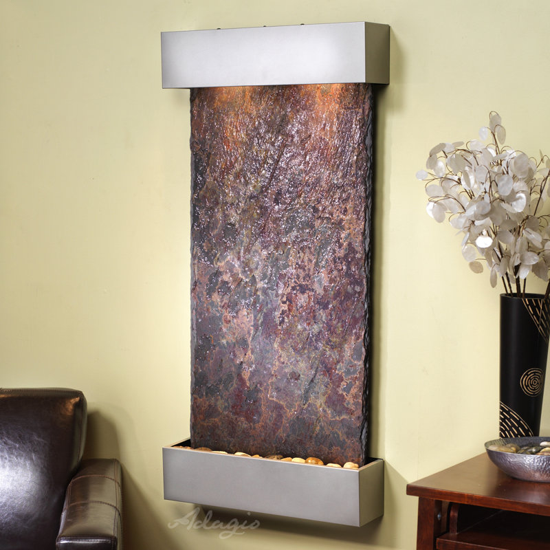 Wall Fountain with Light, Multi-Color Slate, Silver Metallic