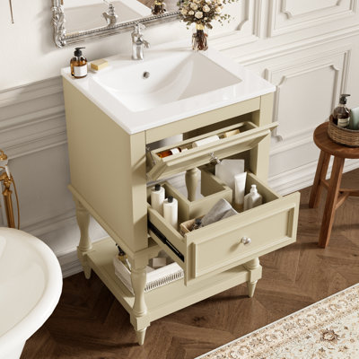 Meuble-lavabo rétro avec lavabo en céramique, 2 tiroirs et tablette ouverte pour un rangement élégant et une fonctionnalité moderne