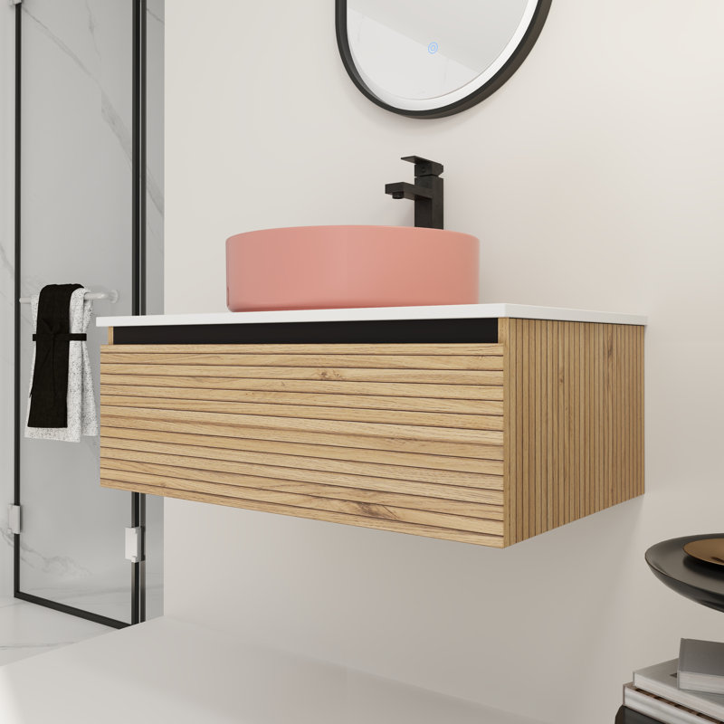 30" Ceramic Sink Bathroom Vanity - Wall Mounted, Soft-Close Drawer, 30", Pink