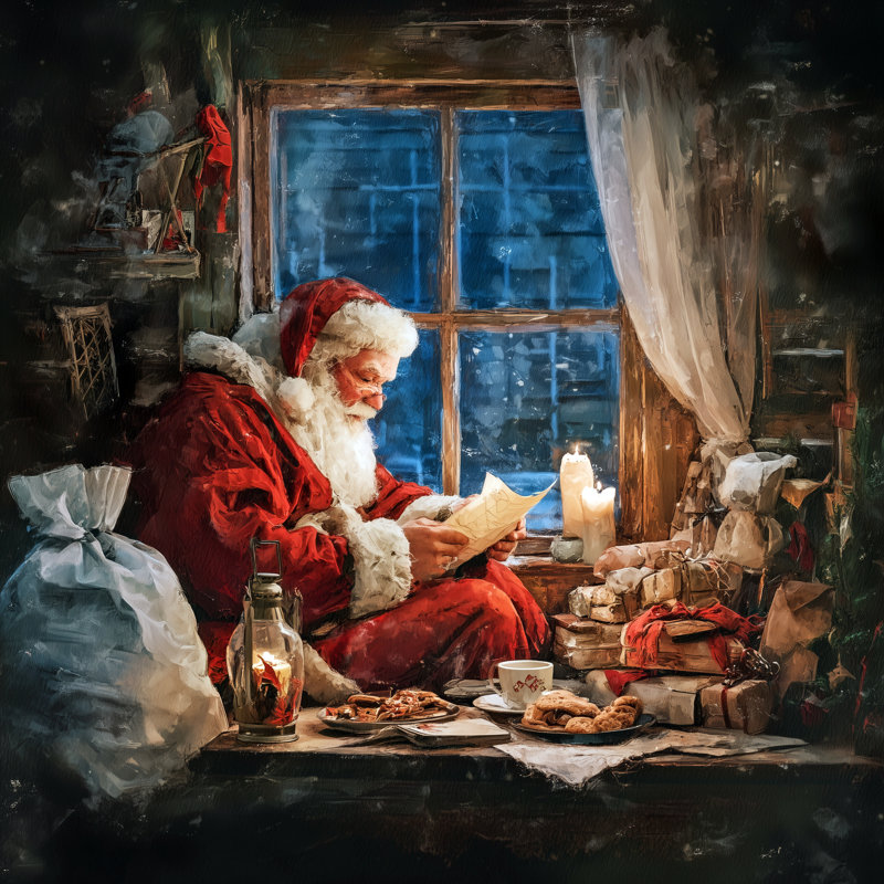 «Santa by the Window - Cozy Christmas Eve», lecture d'art sur toile tendue, H 12 po x l 12 po