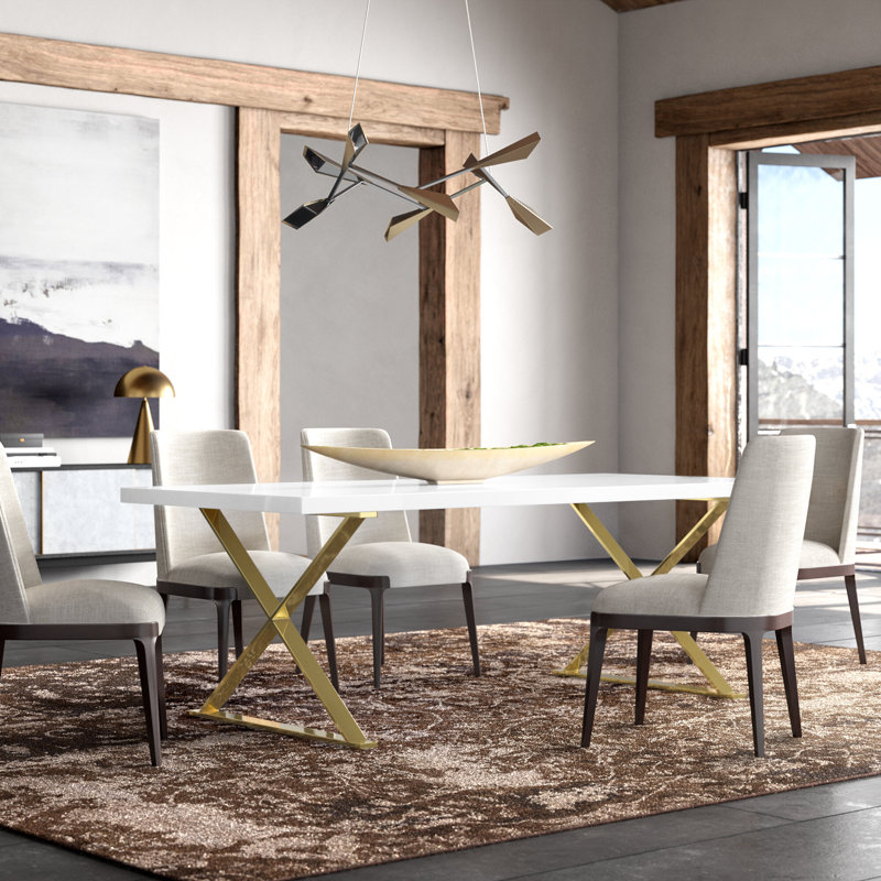 Alexa Dining Table- Luxury Modern Rectangular Dining Table for 8 – Conference Room Table - X-Leg Base Steel Base, Gold, White