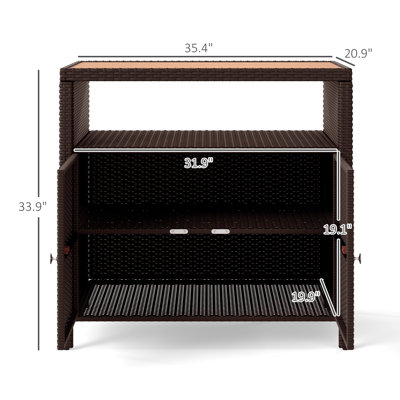 Wicker Outdoor Storage Cabinet, Rattan Outdoor Bar Table with Acacia Wood Countertop, 2 Doors and Shelf, Buffet Cabinet Sideboard for Poolside, Garden by Outsunny