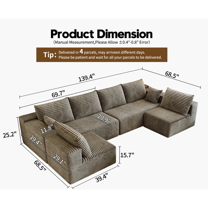 Canapé modulaire de 139,4 po, canapé minimaliste en forme de U avec 2 sièges du milieu, canapé-lit convertible moderne à siège profond, tissu en velours côtelé moelleux, aucun assemblage requis, 6 places