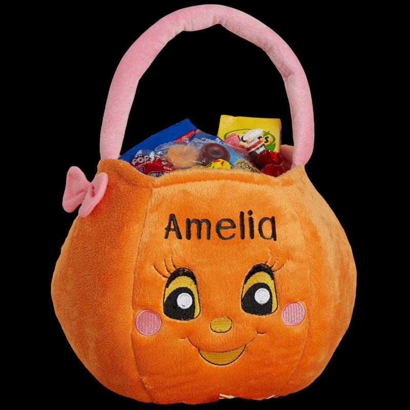 Seau en peluche brodé citrouille en polyester, Oui