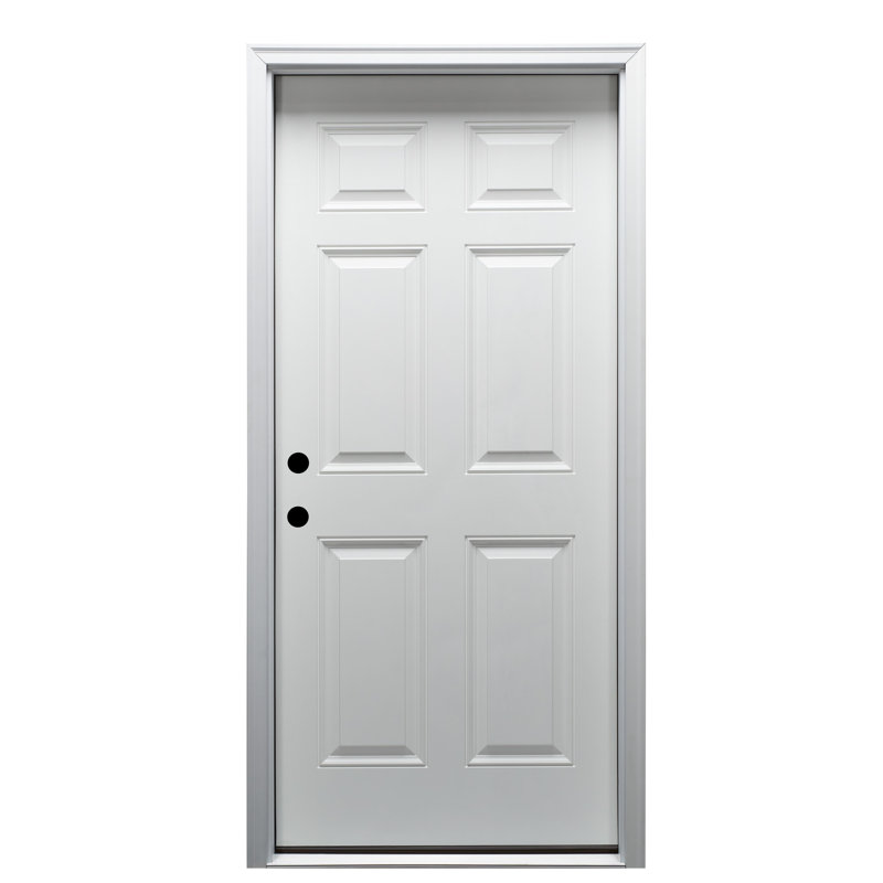 Porte extérieure simple à 6 panneaux en fibre de verre apprêtée, S'ouvre à droite vers l'intérieur