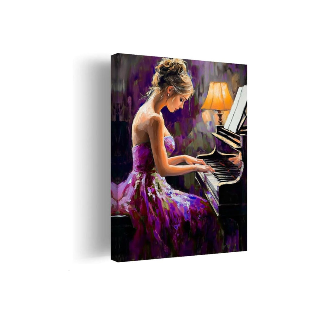 Black Girl Wall Art Female Playing Piano Pictures Black Woman Music Canvas Prints African American Paintings Music Club Decor Framed(Purple,12L x 18W)