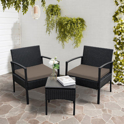 Adaleine 2-Person Patio Bistro Rattan Chair & Table Set with Cushions