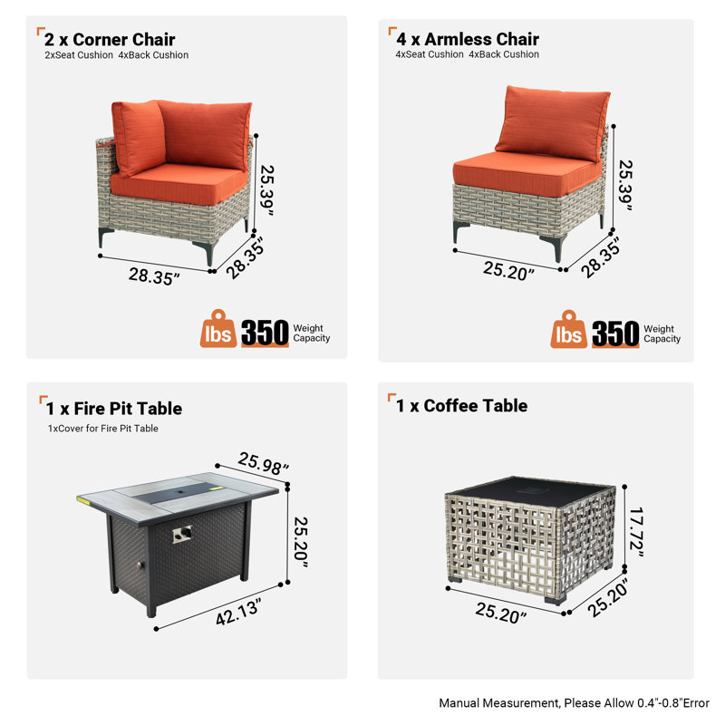 Emroy 6 - Person Reversible Modular Outdoor Conversation Set,Wicker Patio Seating Group with Lighted Coffee Table, All Weather Fire Pit & Sofa Set with Cushions