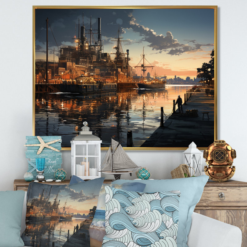 Port Industrial Elegance I - Imprimé, Cadre flottant doré, H 16 po x l 32 po x P 1 po
