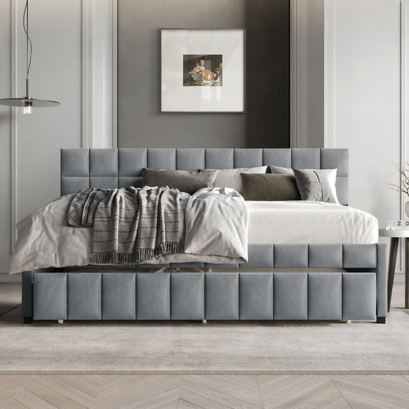 Twin Daybed Velvet With Trundle, Light Gray