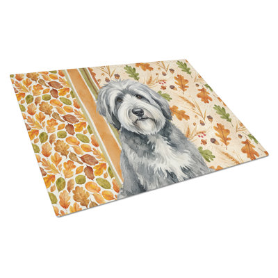 Gray and White Old English Sheepdog Heirloom Fall Glass Cutting Board