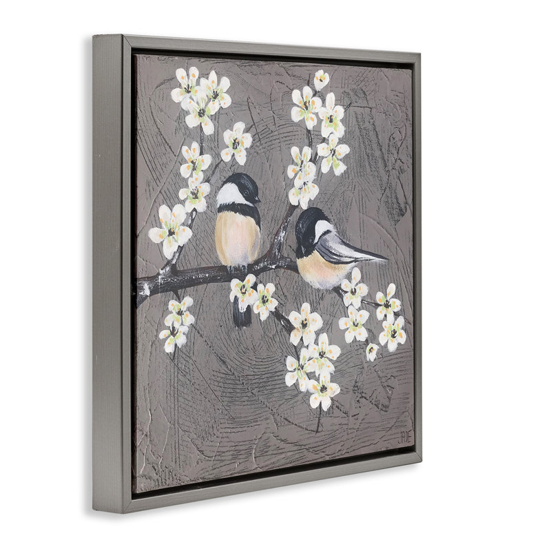 Art mural sur toile, "Bird pair on branch" par Jade Reynolds, Cadre flottant gris lustré, H 25 po x l 25 po