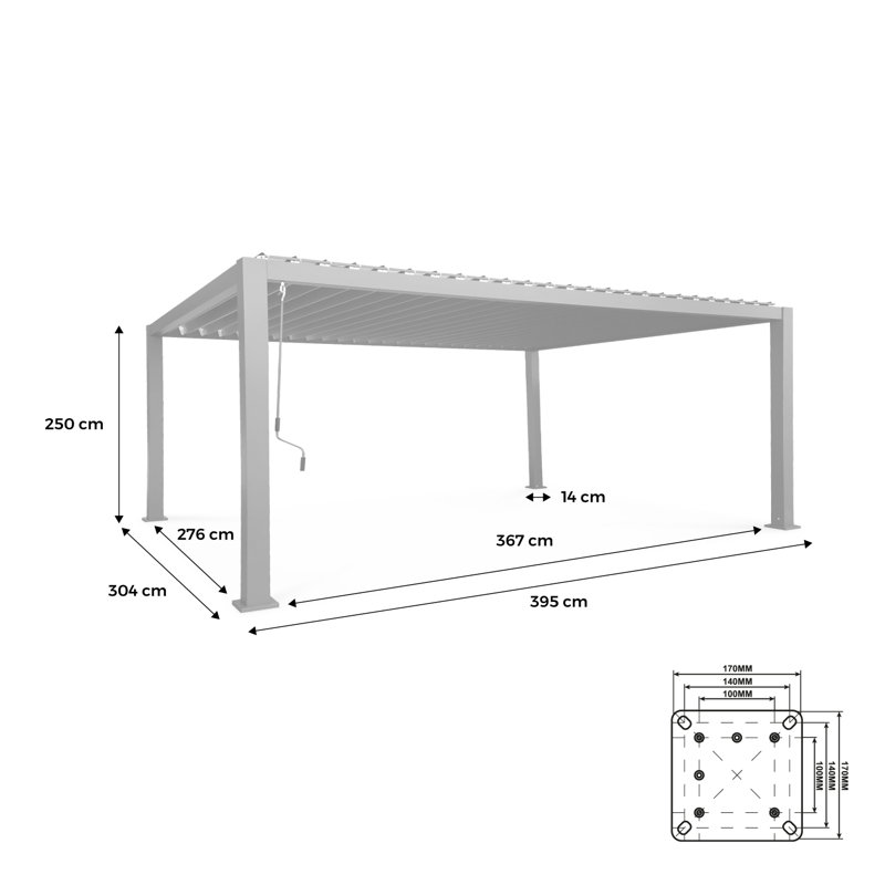 3x4m Louvered aluminum pergola with adjustable roof slats, 250cm H x 395cm W x 304cm D
