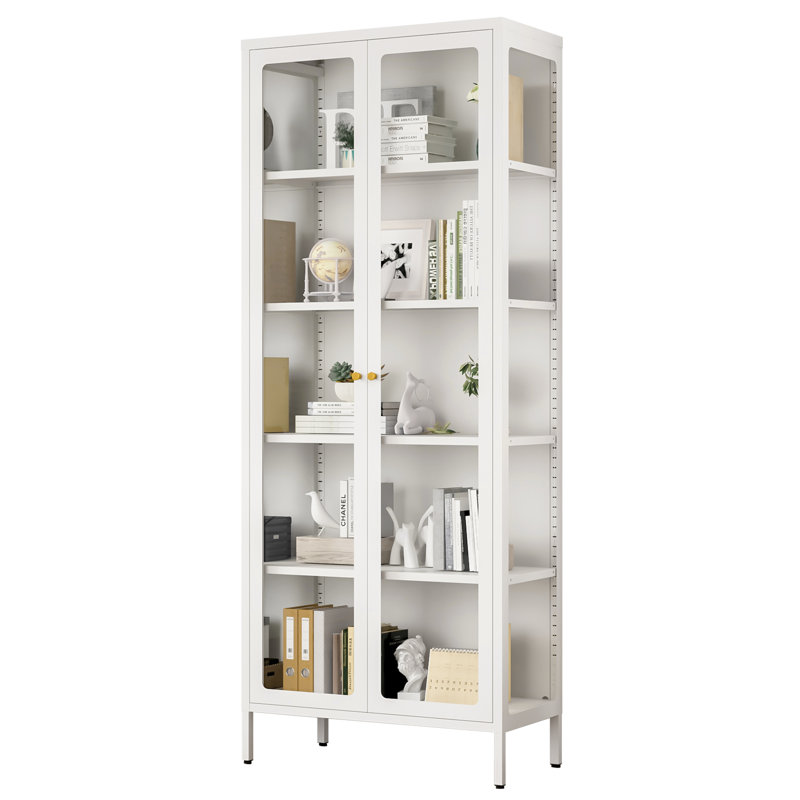 5-Tier White 3-Sided Glass Dining Cabinet with Lights, Metal Display Stand, White