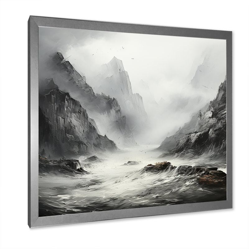 Rivière mystique en noir et blanc, H 16 po x l 16 po x P 1 po, Cadre simple argenté