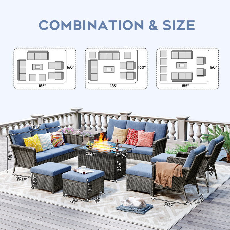 Blithedale 12 - Person Outdoor Seating Group with Fire Pit and Cushions, Blue