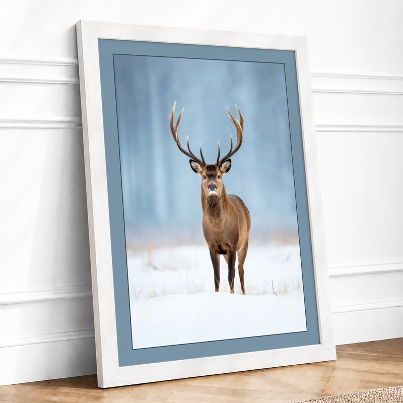 Deer in Winter Scandinavian - Framed Print, A3 - 42.0 x 29.7 cm, White