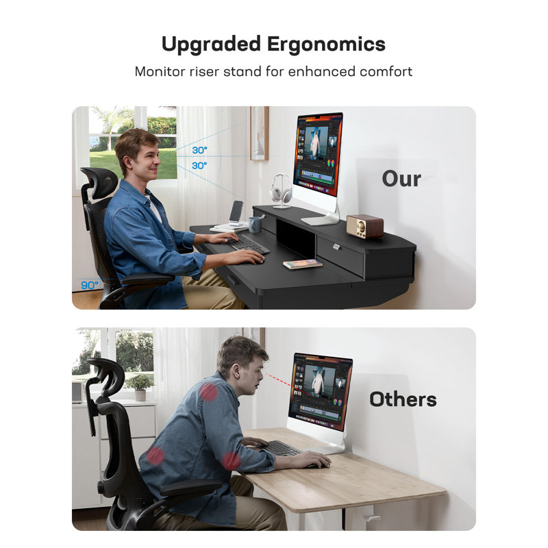Bureau debout électrique réglable en hauteur avec tablette de rangement et tiroir coulissant, poste de travail ergonomique moderne