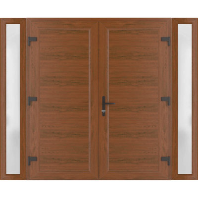 Front Exterior Prehung Metal-Plastic Double Doors / MANUX 8111 Walnut / 2 Sidelites Exterior WindoWLN / Office Commercial and Residential Doors Entrance Patio Garage 104" x 80"