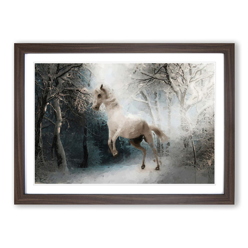 White Horse Rearing in a Winter Forest in Abstract - Picture Frame Graphic Art Print, 40cm H x 60cm W x 2cm D, Walnut