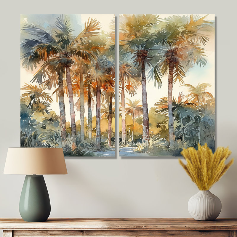 «Green Palm Tree Paradise III», art mural traditionnel sur toile 2 panneaux, H 36 po x l 48 po, Toile tendue