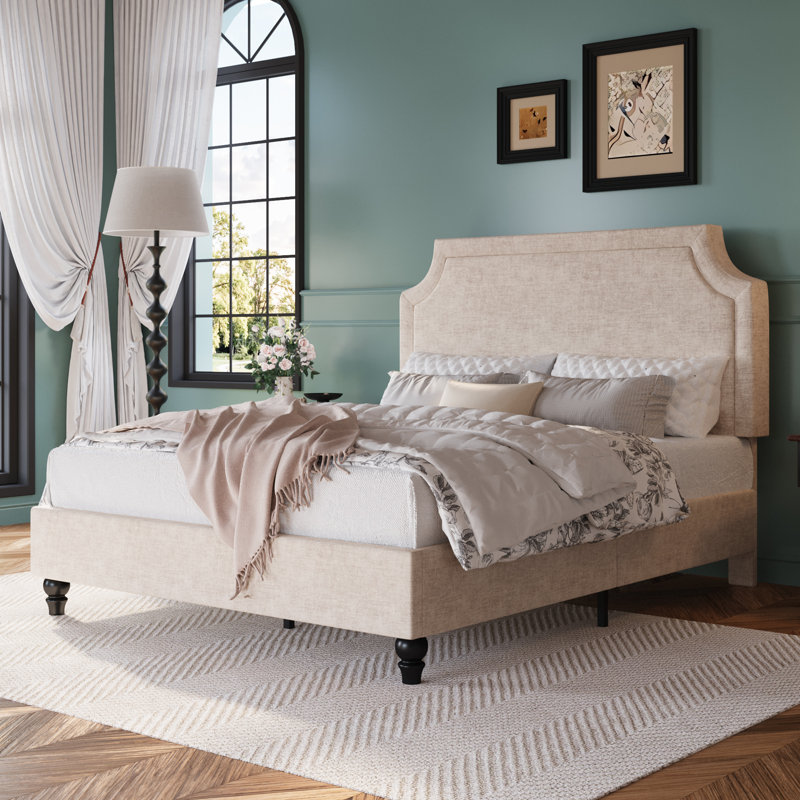 Modern Chenille Upholstered Bed With Adjustable Headboard & Solid Wood Legs, Beige, Full